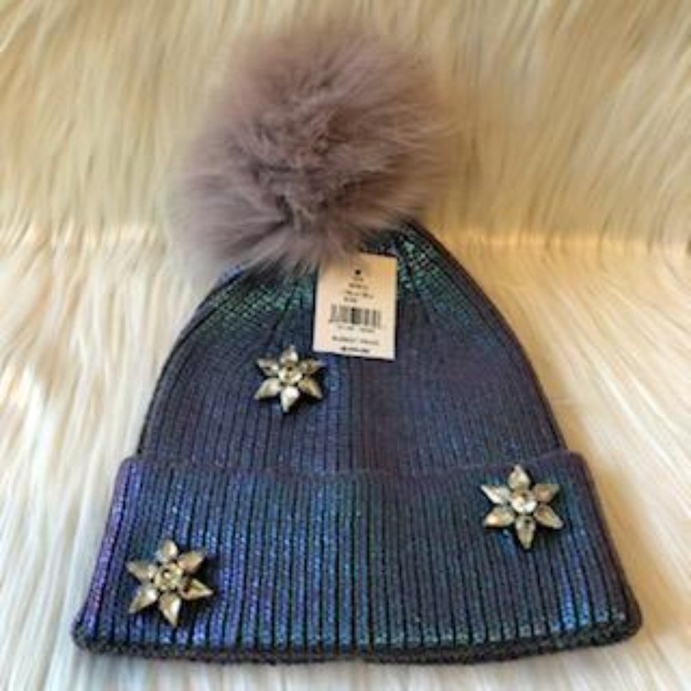 Metallic Knit & Fox Fur PomPom Hat
